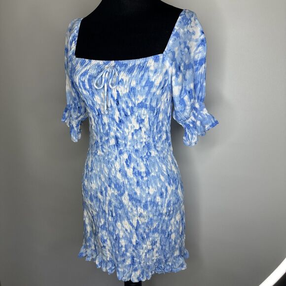 Faithfull the Brand Magnolia Mini Dress Sz 4 Small Blue Floral Tie Dye Smocked - Picture 3 of 11